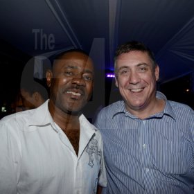Winston Sill/Freelance Photographer
Bacchanal Jamaica final Friday Fete featuring Destra Garcia, held at Mas Camp, Stadium North on Friday night April 11, 2014. Here are Harry Smith (left); and Barry O'Brien (right), CEO, Digicel, inside the Digicel Skybox.