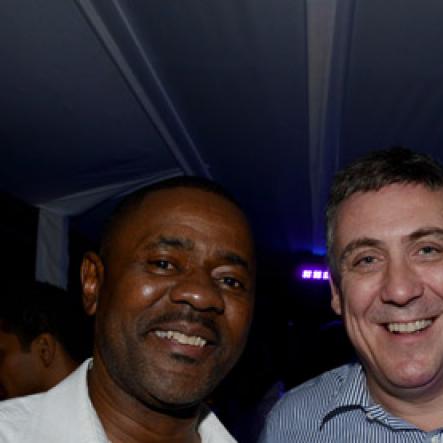 Winston Sill/Freelance Photographer
Bacchanal Jamaica final Friday Fete featuring Destra Garcia, held at Mas Camp, Stadium North on Friday night April 11, 2014. Here are Harry Smith (left); and Barry O'Brien (right), CEO, Digicel, inside the Digicel Skybox.