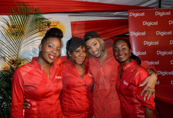 Winston Sill/Freelance Photographer
Bacchanal Jamaica final Friday Fete featuring Destra Garcia, held at Mas Camp, Stadium North on Friday night April 11, 2014. Here are Tahnida Nunes (left); ----?? (second left); Destra Garcia (second right); and Jackie Burrell-Clarke (right).