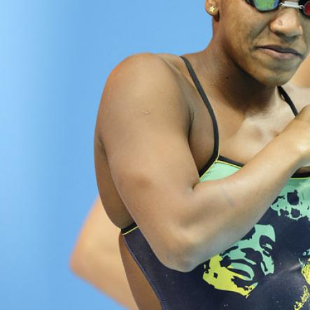 Ricardo Makyn/Staff Photographer
Alia's Victory in the Semifinal at the Aquatic Centre Olympic Park. The Bob Marley Swimsuit that Alia was wearing was just for the warm up
session before the Semi's