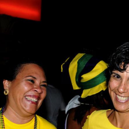 Winston Sill / Freelance Photographer
Bacchanal Jamaica and Appleton Jamaica Rum J'ouvert  and Road Parade under the theme "Alien Invasion", featuring Destra Garcia, held at The New Mas Camp, Stadium North on Friday night until daylight April 13, 2012.. Here are Angie Ammar (left); and Natasha Conway (right)  Miss Jamaica World 1989