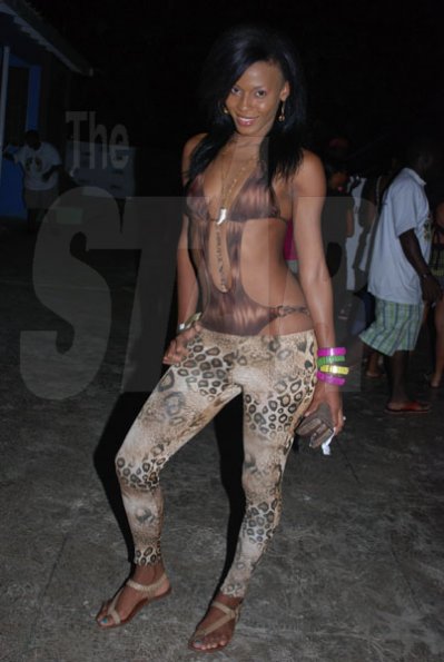 Janet Silvera Photo
 
The tigress of the night, Crystal McFarlane was making a statement at the Barefoot party at Tropical Beach in Montego Bay last Sunday night.