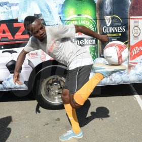 Ian Allen/Photographer
Cornel Thomas exhibiting his ball skills during the Beer Ballaz promotion on Tuesday at the Gleaner offices.