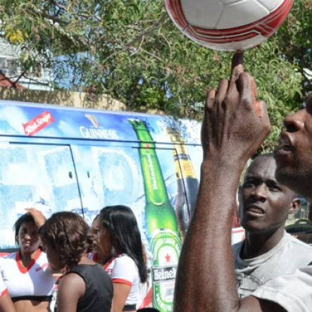 Ian Allen/Photographer
Cornel Thomas exhibiting his ball skills during the Beer Ballaz promotion on Tuesday at the Gleaner offices.