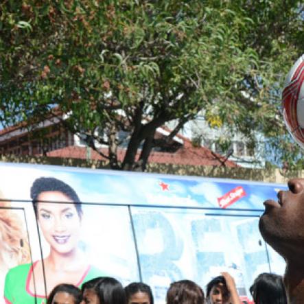 Ian Allen/Photographer
Cornel Thomas exhibiting his ball skills during the Beer Ballaz promotion on Tuesday at the Gleaner offices.