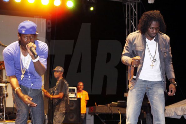 Anthony Minott/Freelance Photographer
Big Ship flagship bearers, Chino and Stephen 'di genius' McGregor in performance during Big Ship show dubbed: 'Tun up' St Catherine at Dinthill Technical High School, on Friday, March 11, 2011.