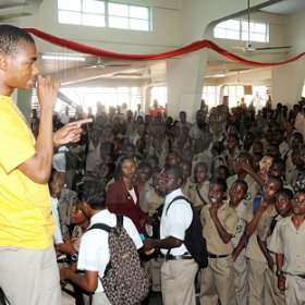 Ian Allen/Photographer
Racers Track Club sprint hurdler and former Calabar student Warren Weir has the attention of the students as he addresses them during the Gleaner Champs 100 Tour at the school on February 12.





 

Champs 100 celebration at Calabar High School.