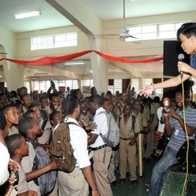 Ian Allen/Photographer
Raine Seville performs during the Gleaner Champs 100 School Tour at Calabar High School yesterday.