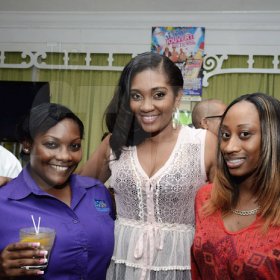 Rocking vibrant colours with bright smiles to match are socaphiles Makada Haye (left) Tanya Blake (middle)  and Rochelle Dunkley
Winston Sill/Freelance Photographer
Bacchanal Jamaica presents the launch of Carnival 2014 Season under the theme "Conquest and Surrender", held at the Knutsford Court Hotel,  Ruthven Road on Tuesday night February 18, 2014.