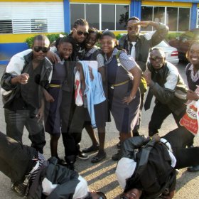 Dance group Shady Squad mixes and mingles with students.

Students lined the upper and lower corridors of buildings at St Elizabeth Technical High School (STETHS), buzzing with adrenaline and eager for The Gleaner Champs 100 Tour to begin.