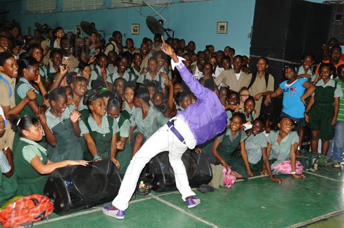Ricardo Makyn/Staff Photographer.
A member of Shady Squad does a pose at The Gleaner Champs 100 Tour held at St. Jago High on Friday, February 26, 2010.