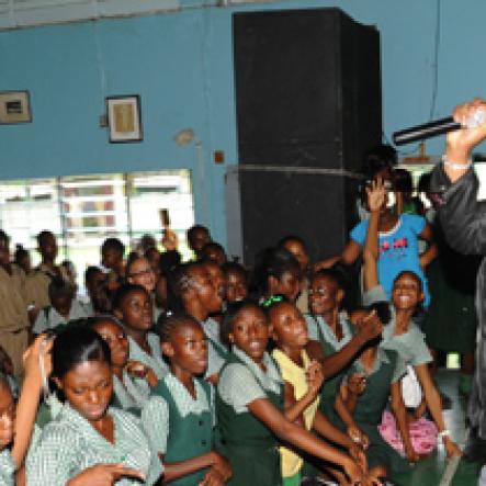 Ricardo Makyn/Staff Photographer.
Demarco had the students vibing to his songs during his performance at The Gleaner Champs 100 Tour at St. Jago High on Friday, February 26, 2010.