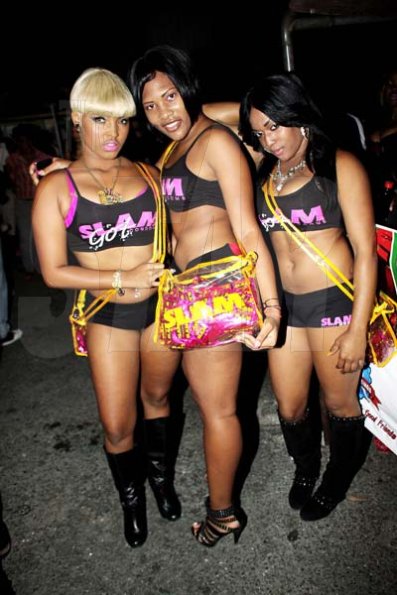 Anthony Minott/Freelance Photographer
The Slam Condom girls, show off their products and their assets during Container Boss, Ian "Don Ian' Miles Birth night party at 2 Chelsea Avenue, New Kingston, Saturday, January 21, 2012.