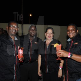 Winston Sill/Freelance Photographer
Kingston Live Entertainment (KLE) group presents the Opening of Famous Nightclub, held at Port Henderson Road, Naggo Head, Portmore on Friday night May 17, 2013. Here are the Appleton Rums crew: --??? (left); Garfield Lettman (second left); Christine Wood (second right); and Colin Smith (right).