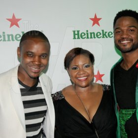 Winston Sill/Freelance Photographer
Heineken Inspire, Be A Star result Show and Party, held at  Fort Rocky, Port Royal on Saturday night October 5, 2013. Here are Kamal Powell (left), Public Relations Brands Manager; Nasha Douglas (centre), Heineken, BrandManager; and Imru James (right), Assistant Brand Manager, Heineken.