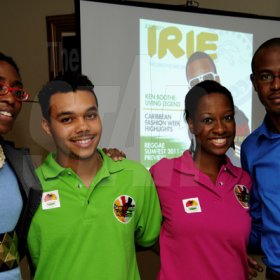 Winston Sill / Freelance Photographer
Jamaicans Music. Com presents the Official Launch of Irie Zine, held at Eden Gardens, Lady Musgrave Road on Wednesday night July 6, 2011. Here are Kim-Marie Spence (left); Alex Mamby (second left); Danielle Brown (second right); and Tyrone Wilson (right).
