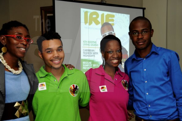 Winston Sill / Freelance Photographer
Jamaicans Music. Com presents the Official Launch of Irie Zine, held at Eden Gardens, Lady Musgrave Road on Wednesday night July 6, 2011. Here are Kim-Marie Spence (left); Alex Mamby (second left); Danielle Brown (second right); and Tyrone Wilson (right).