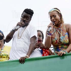 Jermaine Barnaby/Freelance Photographer
Beenie Man and Allison Hinds performing at the Jamaica carnival road march on Sunday.