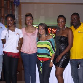 Anthony Minott/Freelance Photographer
From left, Julian Walker, Supreme Ventures Ltd, Jordanne Jackson, Baileys, Desaree Roberts, The Beauty Concept Ltd, Shelly-Ann Weeks, sex educator and radio personality, Fenley Douglas- Operations Manager for Acropolis Portmore, Carlene Davis- Acropolis promotional hostess, Andrei Roper- Senior Marketing Officer- Justbet during Ladies Night at the Arena, Acropolis Gaming and Entertainment Centre, Portmore Town Centre, Portmore last Saturday, August 25, 2012.