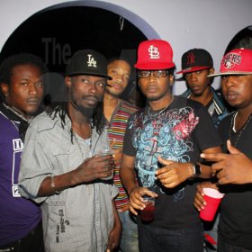 Anthony Minott/Freelance Photographer
from left,  Purpl Skunnk, Jeezy B, Sean P, Road Manager Duke Royal, and Juvahny giving their support during Link Up Fridayz, 20 Shortwood Road, Grants Pen, St Andrew on Friday, March 2, 2012