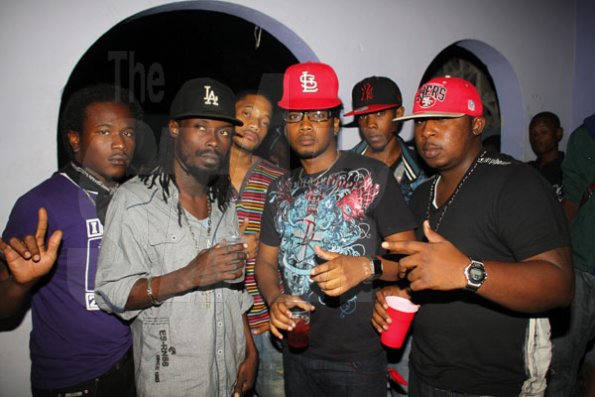 Anthony Minott/Freelance Photographer
from left,  Purpl Skunnk, Jeezy B, Sean P, Road Manager Duke Royal, and Juvahny giving their support during Link Up Fridayz, 20 Shortwood Road, Grants Pen, St Andrew on Friday, March 2, 2012