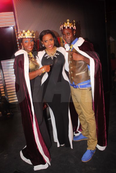 Anthony Minott/Freelance Photographer
Host Yanique (centre), pose with the newly crowned Magnum King and Queen 2013, Jonnah (right), and Sassy Silver during the Magnum Kings and Queens of Dancehall final live show at D'Entrance, Constant Spring Road, St Andrew on Saturday night.