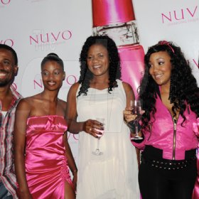 Sheena Gayle/Gleaner Writer
 LEAD PICTURE
It was all about Nuvo at Pier One in Montego Bay Wednesday night as Red Stripe's public relations manager Levaugh Flynn, Peta-Gaye McKenzie, Lady Saw, Gareth Geddes of Red Stripe, Tifa and Luzanna Frank made a 'pink' splash on the pink carpet.