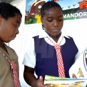 Peta-Gaye Clachar/Freelance Photographer
Jevaunie Morgan and Eisheca Gordon (right) both from the Spanish Town Primary School read stories as they browse through books at the Jamaica Library Service National Reading Fair at the Kingston and St. Andrew Parish Library on Saturday, November 28, 2009.