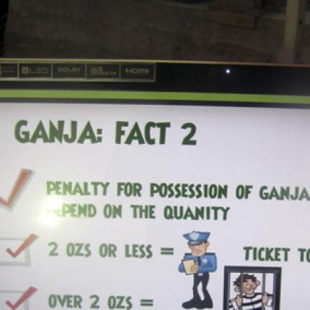 Mel Cooke<\n>Facts about Ganja displayed on a screen.