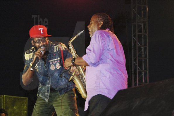 Photo by Adrian Frater
Tarrus Riley (left) and Dean Fraser perform at Rebel Salute at the Port Kaiser Sports Complex in St Elizabeth on Saturday.