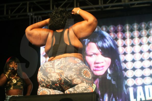 Anthony Minott/Freelance Photographer
An overweight woman dances while on stage with DJ Spice during a Rumbar Road Flex Stage show at the New Kingston Golf Academy, last Thursday, August 1, 2013.