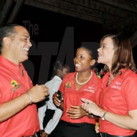 Photo byJanet Silvera
Summerfest Production's Robin Russell (left) has Digicel's Olive Lawson (right) and Olivia Tate in stitches during the Sumfest western Jamaica launch party at Pier One in Montego Bay on Thursday night