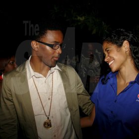 Entertainer Konshens has Pepsi's Catherine Goodall in stitches during the launch of Reggae Sumfest on Wednesday June 29th at Devon House.