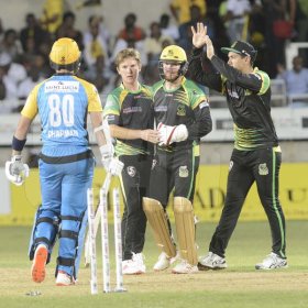 Ian Allen/PhotographerRoss Taylor (right), Glen Phillips (second right) and Adam Zampa (second left)Jamaica Tallawahs team mates celebrate the dismissal of Chapman(left) from the St.Lucia Stars during their Caribbean Premier League (CPL) T/20 cricket match at Sabina Park on Tuesday.