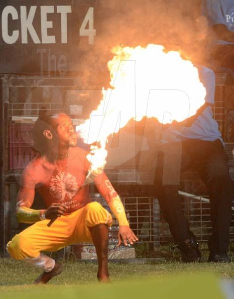 Ian Allen/PhotographerFire Eater during the Jamaica Tallawahs vs St. Lucia Stars Caribbean Premier League (CPL) T/20 cricket match at Sabina Park on Tuesday.