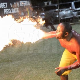 Ian Allen/PhotographerFire Eater during the Jamaica Tallawahs vs St. Lucia Stars Caribbean Premier League (CPL) T/20 cricket match at Sabina Park on Tuesday.