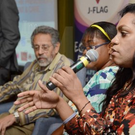 Rudolph Brown/Photographer
From right Transwoman Jessica Burton, Dr. Charmaine Smith and Professor Peter Figueroa, of Public Health, University of the West Indies speaks at the World AIDS Day breakfast Forum "Health for All: Towards A More Integrated Response to HIV Prevention, Treatment and Care, at the Knutsford Court Hotel on Tuesday, December 1, 2015