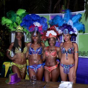 Winston Sill/Freelance Photographer
J. Wray and Nephew host Yardi Gras 2014 the annual Media Party, held at Countryside Club, Courtney Walsh Drive on Tuesday night March 18, 2014. Here are Ashlie Bennett (left);  Kamika Blake (second left); Jheanelle Smith (second right); and Safia king (right).