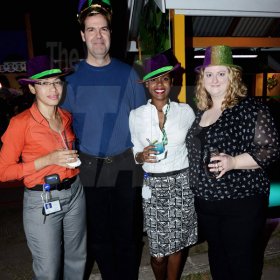 Winston Sill/Freelance Photographer
J. Wray and Nephew host Yardi Gras 2014 the annual Media Party, held at Countryside Club, Courtney Walsh Drive on Tuesday night March 18, 2014. Here are Chana Hay (left); Heinz Schaerer (second left); Michaela Francis (second right); and Krystal McGrade (right).